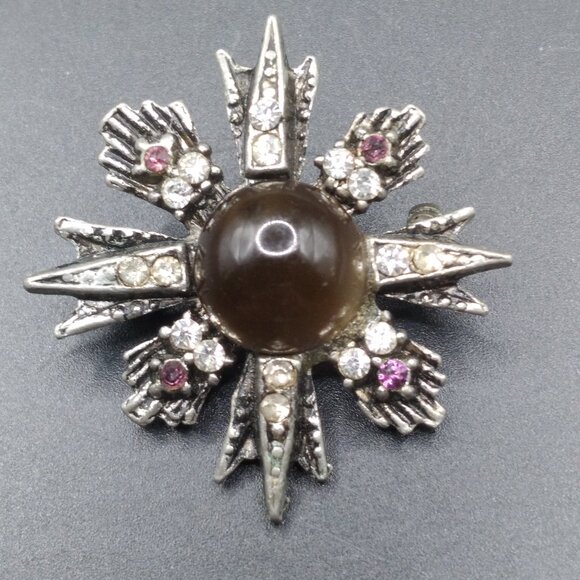 Vintage 1930's Pot Metal Cross Star Brooch Glass Center Stone & Rhinestones - Picture 1 of 3